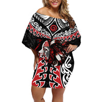 New Zealand Maori Girl Family Matching Off Shoulder Short Dress and Hawaiian Shirt Silver Fern and Koru Pattern LT03 Mom's Dress Black - Polynesian Pride
