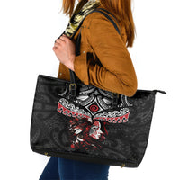 New Zealand Maori Girl Leather Tote Bag - Silver Fern and Koru Pattern LT03 Black - Polynesian Pride
