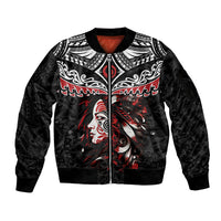 New Zealand Maori Girl Sleeve Zip Bomber Jacket Silver Fern and Koru Pattern LT03 Unisex Black - Polynesian Pride