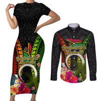 Vanuatu Independence Day Couples Matching Short Sleeve Bodycon Dress and Long Sleeve Button Shirt Tugeta Yumi Selebretem Indipendens Dei LT03 Black - Polynesian Pride