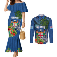 Fiji Independence Day Couples Matching Mermaid Dress and Long Sleeve Button Shirt Fijian Coat of Arms Palm and Hibiscus Tapa Pattern