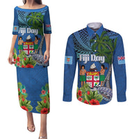 Fiji Independence Day Couples Matching Puletasi and Long Sleeve Button Shirt Fijian Coat of Arms Palm and Hibiscus Tapa Pattern