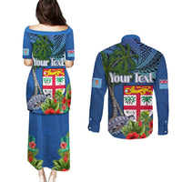 Fiji Independence Day Couples Matching Puletasi and Long Sleeve Button Shirt Fijian Coat of Arms Palm and Hibiscus Tapa Pattern