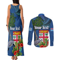 Fiji Independence Day Couples Matching Tank Maxi Dress and Long Sleeve Button Shirt Fijian Coat of Arms Palm and Hibiscus Tapa Pattern