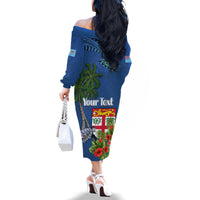 Fiji Independence Day Family Matching Off The Shoulder Long Sleeve Dress and Hawaiian Shirt Fijian Coat of Arms Palm and Hibiscus Tapa Pattern