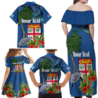 Fiji Independence Day Family Matching Off Shoulder Maxi Dress and Hawaiian Shirt Fijian Coat of Arms Palm and Hibiscus Tapa Pattern