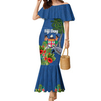 Personalised Fiji Independence Day Mermaid Dress Fijian Coat of Arms Palm and Hibiscus Tapa Pattern LT03 Women Blue - Polynesian Pride