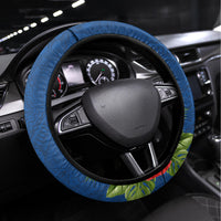 Fiji Independence Day Steering Wheel Cover Fijian Coat of Arms Palm and Hibiscus Tapa Pattern LT03 Universal Fit Blue - Polynesian Pride