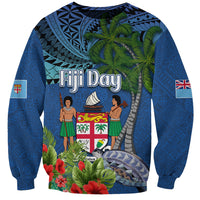 Fiji Independence Day Sweatshirt Fijian Coat of Arms Palm and Hibiscus Tapa Pattern