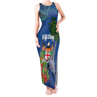 Personalised Fiji Independence Day Tank Maxi Dress Fijian Coat of Arms Palm and Hibiscus Tapa Pattern LT03 Women Blue - Polynesian Pride