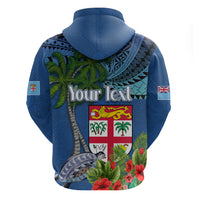 Fiji Independence Day Zip Hoodie Fijian Coat of Arms Palm and Hibiscus Tapa Pattern