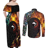 New Zealand and Australia Together Couples Matching Off Shoulder Maxi Dress and Long Sleeve Button Shirt Maori Tattoo Paua Shell mix Aboriginal Pattern LT03 - Polynesian Pride