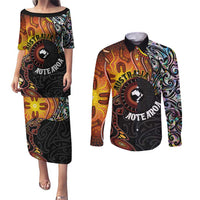 New Zealand and Australia Together Couples Matching Puletasi and Long Sleeve Button Shirt Maori Tattoo Paua Shell mix Aboriginal Pattern