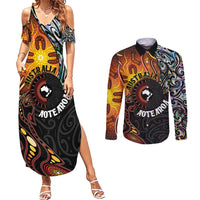 New Zealand and Australia Together Couples Matching Summer Maxi Dress and Long Sleeve Button Shirt Maori Tattoo Paua Shell mix Aboriginal Pattern