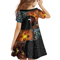 New Zealand and Australia Together Family Matching Long Sleeve Bodycon Dress and Hawaiian Shirt Maori Tattoo Paua Shell mix Aboriginal Pattern