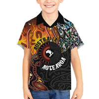 New Zealand and Australia Together Family Matching Tank Maxi Dress and Hawaiian Shirt Maori Tattoo Paua Shell mix Aboriginal Pattern LT03 Son's Shirt Black - Polynesian Pride