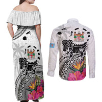 Fiji Iguana Couples Matching Off Shoulder Maxi Dress and Long Sleeve Button Shirt Tapa Tribal Tattoo and Hibiscus