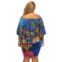 Fiji and Australia Together Off Shoulder Short Dress Aboriginal Kangaroo and Tapa Tribal Hibiscus
