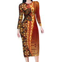 Samoan Pacific Tribal Flower Geometric Art Tattoos Family Matching Long Sleeve Bodycon Dress and Hawaiian Shirt Siapo Pattern Flame Sunset - Polynesian Pride