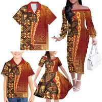 Samoan Pacific Tribal Flower Geometric Art Tattoos Family Matching Off The Shoulder Long Sleeve Dress and Hawaiian Shirt Siapo Pattern Flame Sunset - Polynesian Pride