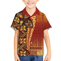 Samoan Pacific Tribal Flower Geometric Art Tattoos Family Matching Off The Shoulder Long Sleeve Dress and Hawaiian Shirt Siapo Pattern Flame Sunset - Polynesian Pride