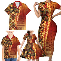 Samoan Pacific Tribal Flower Geometric Art Tattoos Family Matching Short Sleeve Bodycon Dress and Hawaiian Shirt Siapo Pattern Flame Sunset - Polynesian Pride