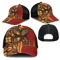 Samoan Pacific Tribal Flower Geometric Art Tattoos Mesh Trucker Cap Siapo Pattern Flame Sunset - Polynesian Pride
