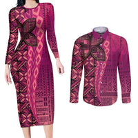 Samoan Pacific Tribal Flower Geometric Art Tattoos Couples Matching Long Sleeve Bodycon Dress and Long Sleeve Button Shirt Siapo Pattern Romantic Rose LT03 Pink - Polynesian Pride