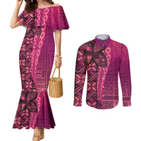 Samoan Pacific Tribal Flower Geometric Art Tattoos Couples Matching Mermaid Dress and Long Sleeve Button Shirt Siapo Pattern Romantic Rose LT03 Pink - Polynesian Pride