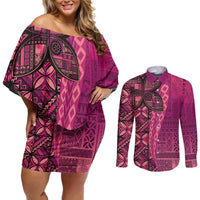 Samoan Pacific Tribal Flower Geometric Art Tattoos Couples Matching Off Shoulder Short Dress and Long Sleeve Button Shirt Siapo Pattern Romantic Rose LT03 Pink - Polynesian Pride