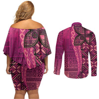 Samoan Pacific Tribal Flower Geometric Art Tattoos Couples Matching Off Shoulder Short Dress and Long Sleeve Button Shirt Siapo Pattern Romantic Rose LT03 - Polynesian Pride