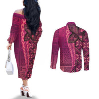 Samoan Pacific Tribal Flower Geometric Art Tattoos Couples Matching Off The Shoulder Long Sleeve Dress and Long Sleeve Button Shirt Siapo Pattern Romantic Rose LT03 - Polynesian Pride