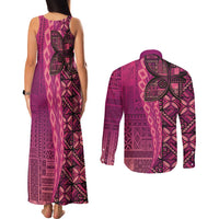 Samoan Pacific Tribal Flower Geometric Art Tattoos Couples Matching Tank Maxi Dress and Long Sleeve Button Shirt Siapo Pattern Romantic Rose LT03 - Polynesian Pride