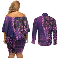 Samoan Pacific Tribal Flower Geometric Art Tattoos Couples Matching Off Shoulder Short Dress and Long Sleeve Button Shirt Siapo Pattern Purple Haze LT03 - Polynesian Pride