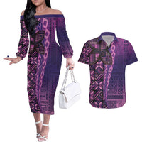 Samoan Pacific Tribal Flower Geometric Art Tattoos Couples Matching Off The Shoulder Long Sleeve Dress and Hawaiian Shirt Siapo Pattern Purple Haze - Polynesian Pride
