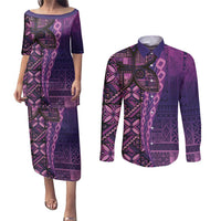 Samoan Pacific Tribal Flower Geometric Art Tattoos Couples Matching Puletasi and Long Sleeve Button Shirt Siapo Pattern Purple Haze LT03 Purple - Polynesian Pride