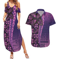 Samoan Pacific Tribal Flower Geometric Art Tattoos Couples Matching Summer Maxi Dress and Hawaiian Shirt Siapo Pattern Purple Haze - Polynesian Pride