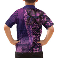Samoan Pacific Tribal Flower Geometric Art Tattoos Family Matching Off The Shoulder Long Sleeve Dress and Hawaiian Shirt Siapo Pattern Purple Haze - Polynesian Pride
