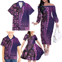 Samoan Pacific Tribal Flower Geometric Art Tattoos Family Matching Off The Shoulder Long Sleeve Dress and Hawaiian Shirt Siapo Pattern Purple Haze - Polynesian Pride