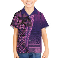 Samoan Pacific Tribal Flower Geometric Art Tattoos Family Matching Off Shoulder Short Dress and Hawaiian Shirt Siapo Pattern Purple Haze - Polynesian Pride