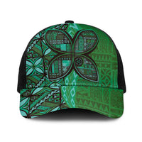 Samoan Pacific Tribal Flower Geometric Art Tattoos Baseball Net Cap Siapo Pattern Emerald Glow - Polynesian Pride