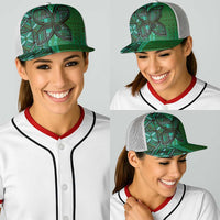 Samoan Pacific Tribal Flower Geometric Art Tattoos Baseball Net Cap Siapo Pattern Emerald Glow - Polynesian Pride