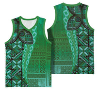 Samoan Pacific Tribal Flower Geometric Art Tattoos Basketball Jersey Siapo Pattern Emerald Glow - Polynesian Pride