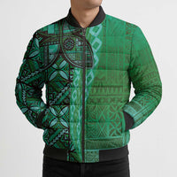 Samoan Pacific Tribal Flower Geometric Art Tattoos Bomber Puffer Jacket Siapo Pattern Emerald Glow - Polynesian Pride