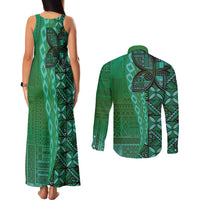 Samoan Pacific Tribal Flower Geometric Art Tattoos Couples Matching Tank Maxi Dress and Long Sleeve Button Shirt Siapo Pattern Emerald Glow LT03 - Polynesian Pride