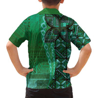 Samoan Pacific Tribal Flower Geometric Art Tattoos Family Matching Long Sleeve Bodycon Dress and Hawaiian Shirt Siapo Pattern Emerald Glow - Polynesian Pride