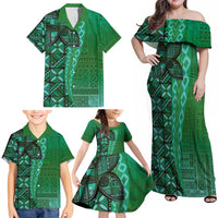 Samoan Pacific Tribal Flower Geometric Art Tattoos Family Matching Off Shoulder Maxi Dress and Hawaiian Shirt Siapo Pattern Emerald Glow - Polynesian Pride