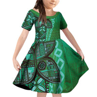Samoan Pacific Tribal Flower Geometric Art Tattoos Family Matching Off Shoulder Short Dress and Hawaiian Shirt Siapo Pattern Emerald Glow - Polynesian Pride