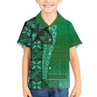 Samoan Pacific Tribal Flower Geometric Art Tattoos Family Matching Off Shoulder Short Dress and Hawaiian Shirt Siapo Pattern Emerald Glow - Polynesian Pride