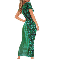 Samoan Pacific Tribal Flower Geometric Art Tattoos Family Matching Short Sleeve Bodycon Dress and Hawaiian Shirt Siapo Pattern Emerald Glow - Polynesian Pride
